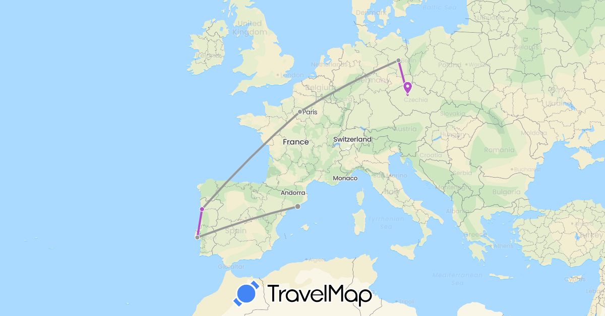 TravelMap itinerary: driving, plane, train in Czech Republic, Germany, Spain, France, Portugal (Europe)